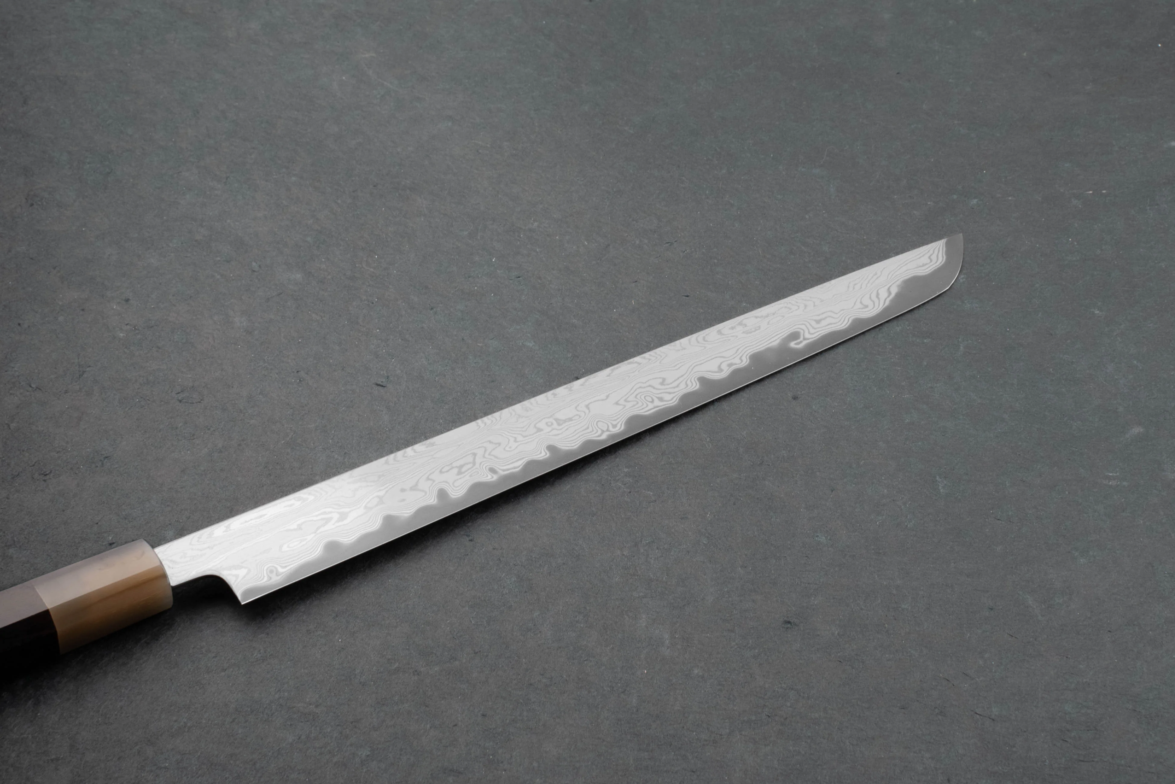Satoshi Nakagawa x Naohito Myojin Aoichi Etched Damascus Sakimaru Sujihiki 330mm - Image 2